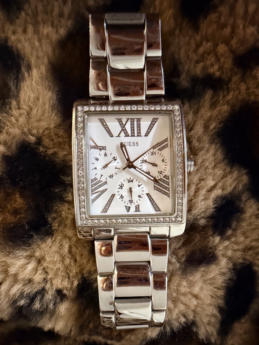 Guess Silver-Tone Crystal Accent Rectangle Bracelet Watch